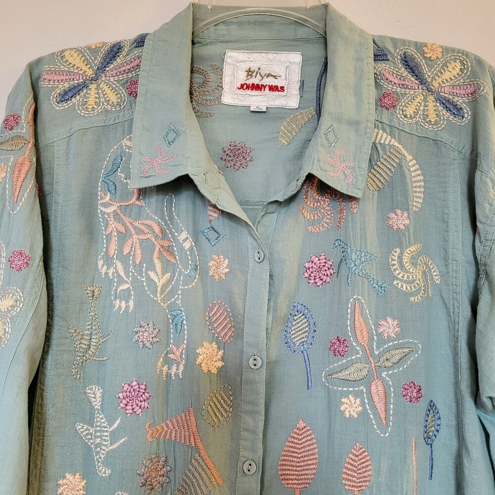 Johnny Was Tunic, Pastel Green, Embroidered, Size XL